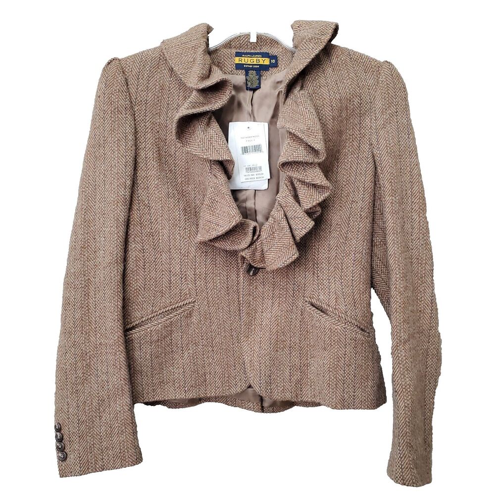 Rugby Ralph Lauren Women's Brown Tweed Wool/Alpaca Ruffle 1-Button Blazer 10 NWT